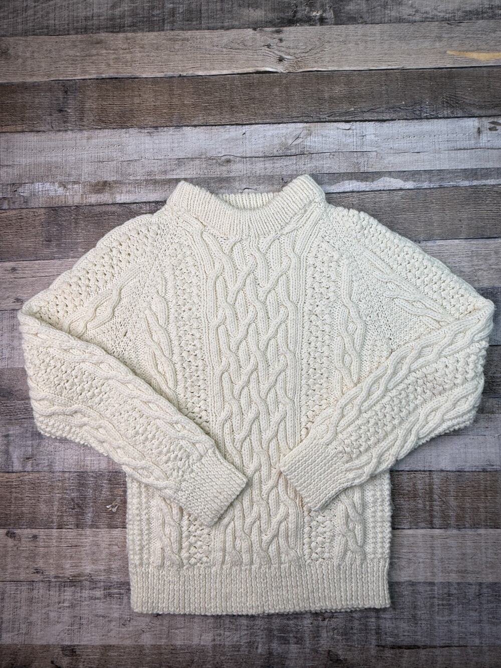 Vintage Hand Knit Wool Fisherman Sweater Women Small Aran Ireland Chunky Beige